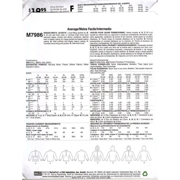 McCalls M7986 Unisex Mens and Misses S, M and L Tops and Hoodies Sewing Pattern - Picture 2 of 2